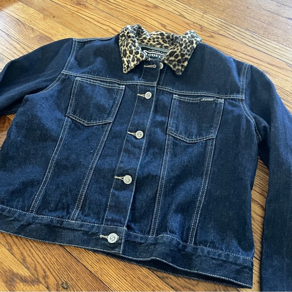 🎉HP!!🎉 Squeeze Stephen Hardy Y2K Faux Leopard Trim Jean Denim Jacket Women’s L - Picture 4 of 9